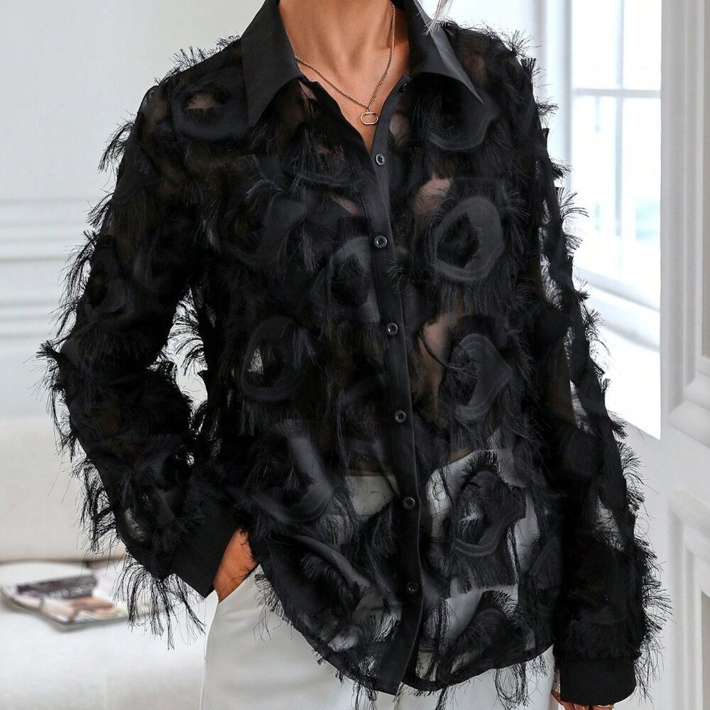 Black Party Women's Fuzzy Trim Button Front Shirt - Picture 6 of 7